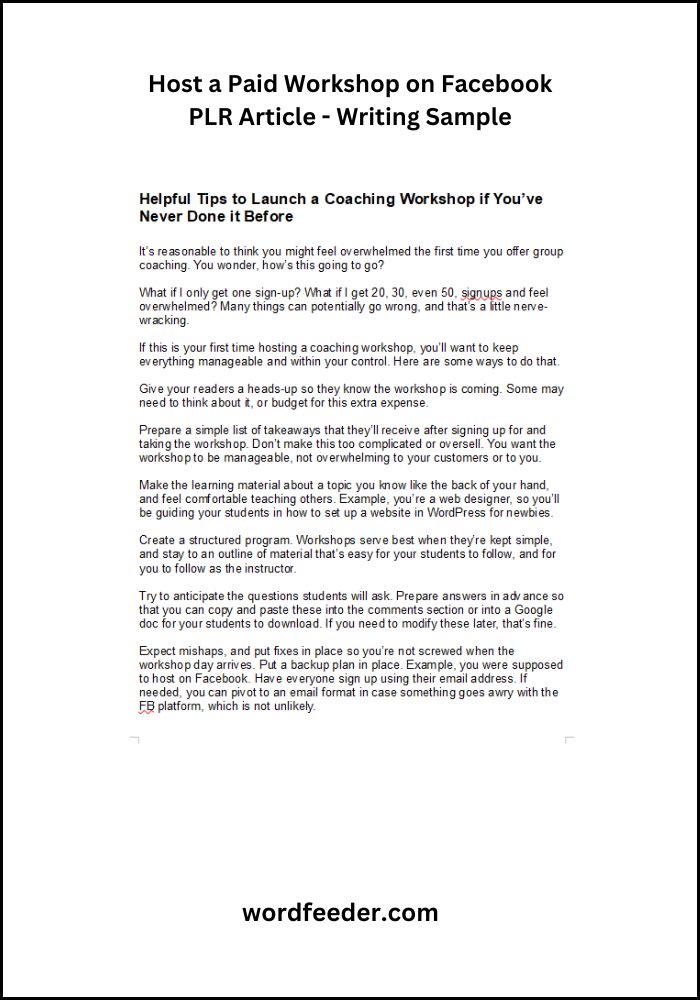 host a coaching workshop writing sample plr