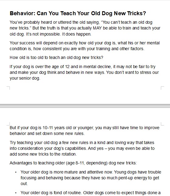 Caring for Your Aging Dog PLR Articles - Writing Sample