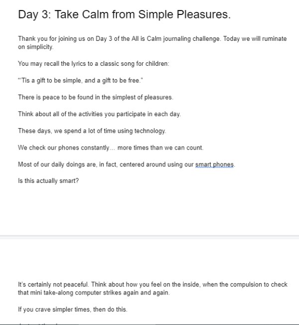 All is Calm 6-Day Journaling Challenge Content with Private Label Rights - Writing Sample 