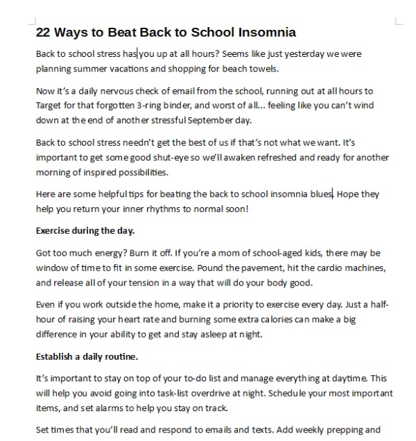 DFY BLOG POST: "22 Ways to Beat Back to School Insomnia" PLR 