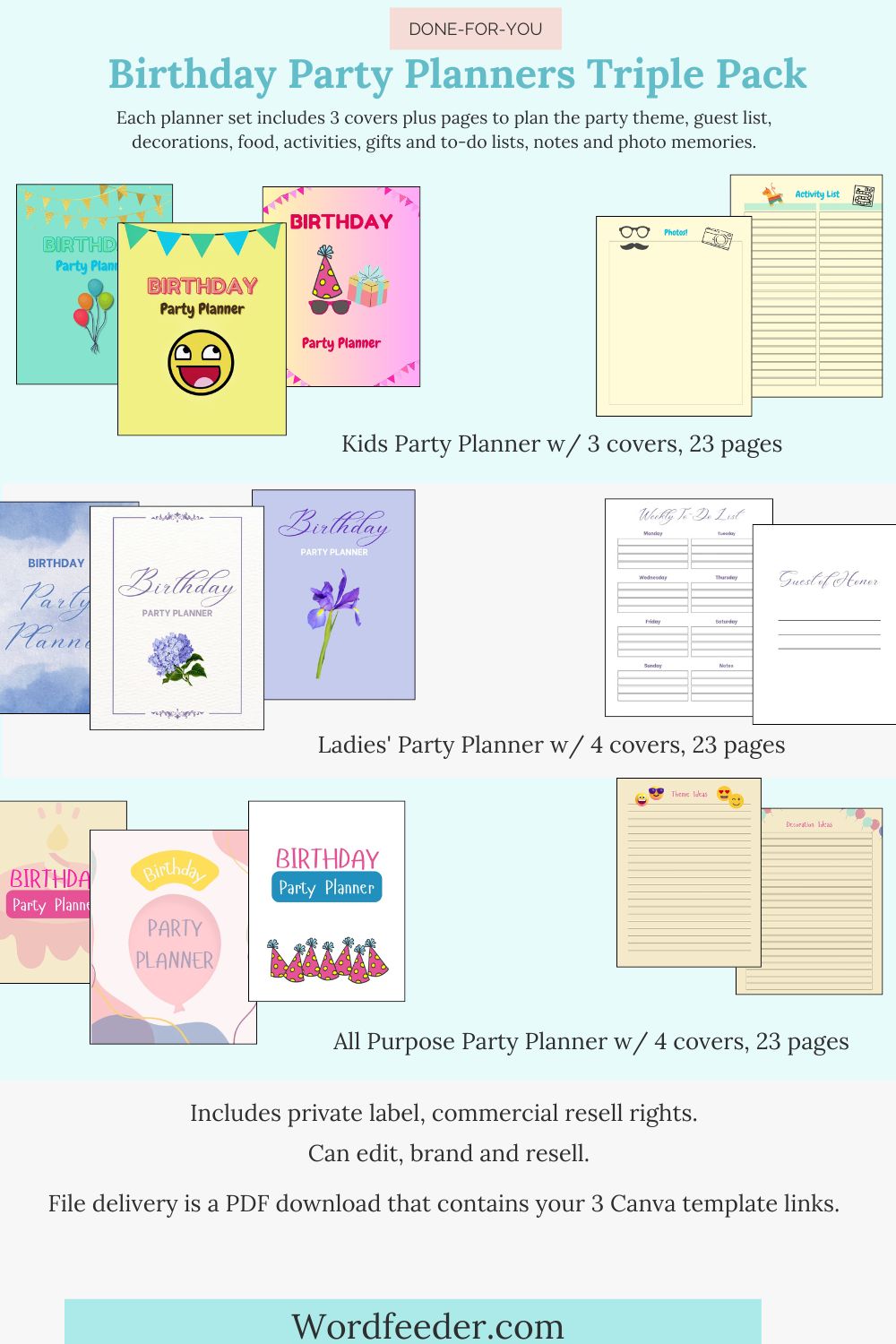 Birthday Party Planner Triple Pack. Each with 3 Covers and 23 Planner Pages