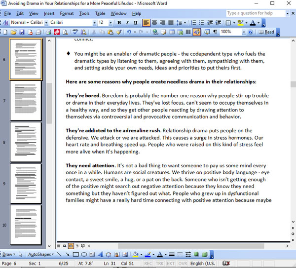 Avoiding Drama in Your Relationships PLR - Writing Sample Screen Shot