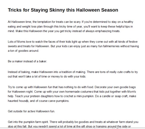 Weight Loss Tricks for Halloween Season PLR Articles - Writing Sample