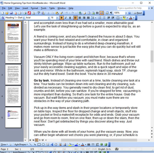 FREE Home Organization PLR Content - Writing Sample Screen Shot