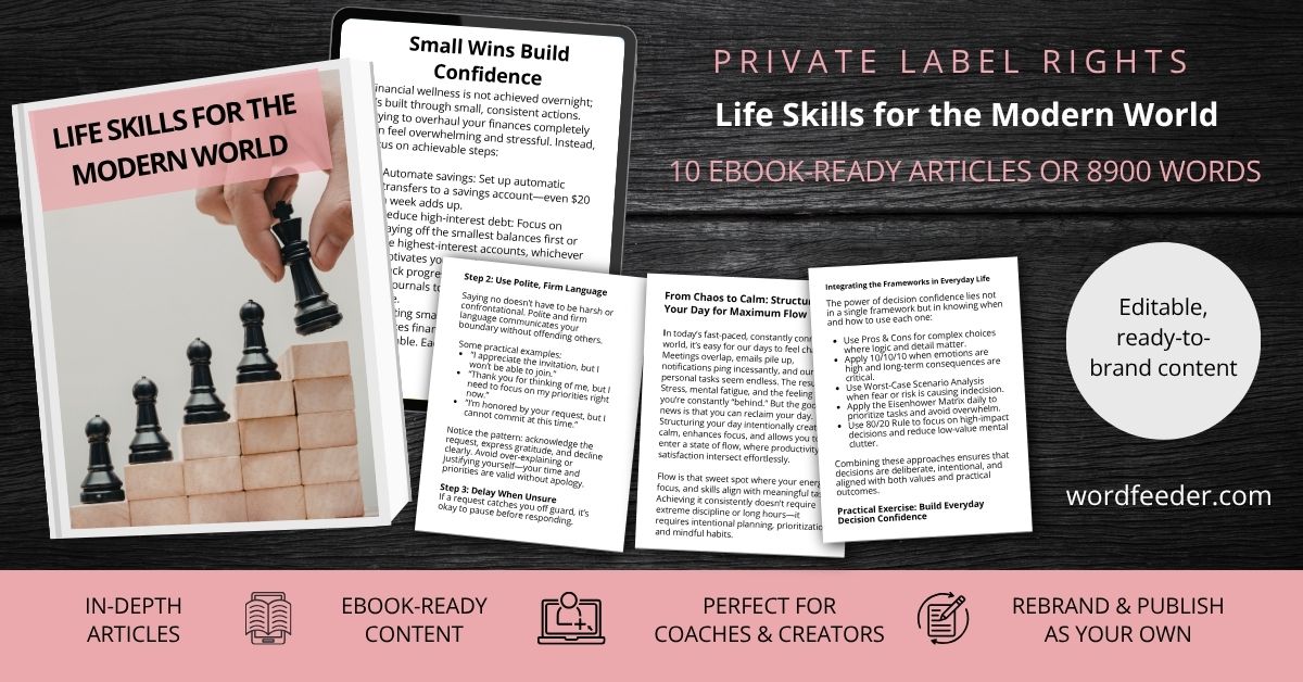 Life Skills and Modern Living PLR Articles, Done for You Content, Course Ready Material