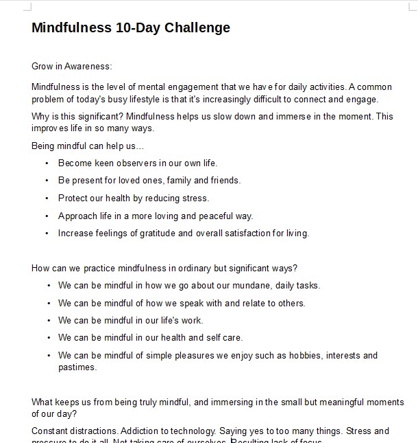 Mindfulness 10-Day Journaling Challenge PLR Writing Sample Screen Shot