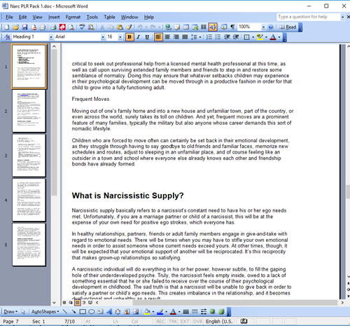 Narcissism PLR Articles - Writing Sample Screen Shot