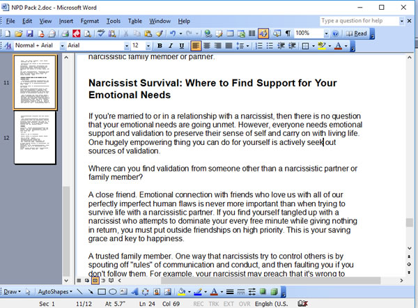 Narcissism PLR Articles - Writing Sample Screen Shot