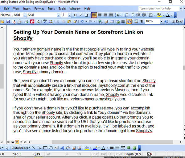 Getting Started Selling on Shopify PLR Articles - Writing Sample Screen Shot
