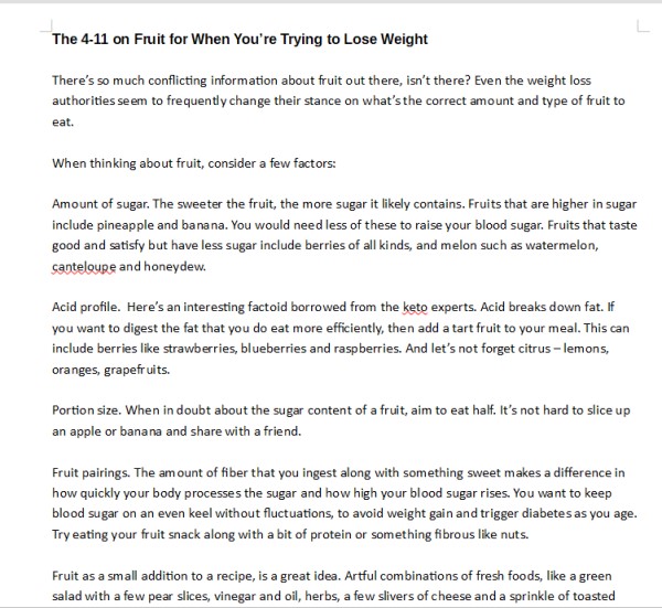 Slim This Summer: Screen Shot Sample of the Writing: