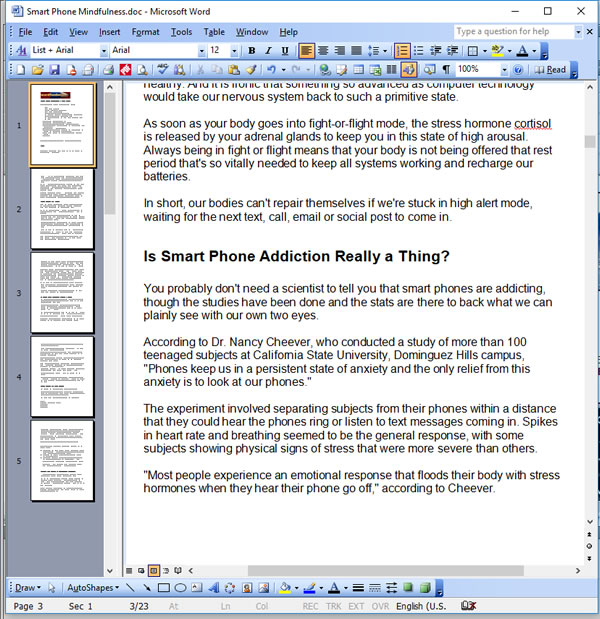 Smart Phone Mindfulness PLR Articles Writing Sample Screen Shot