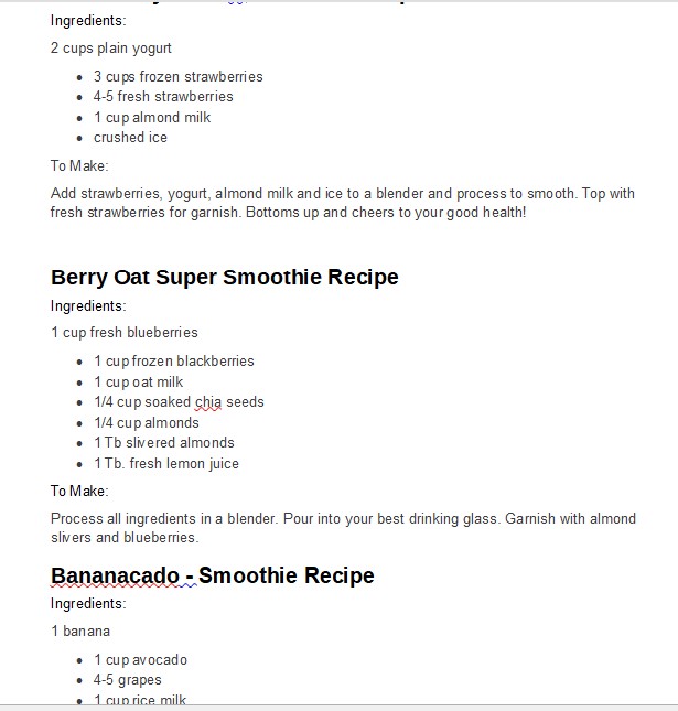 Smoothie Recipes PLR for Good Health, Gut Balance and Healthy Weight Loss PLR Ebook in Canva MS Word Doc Screen Shot of Writing