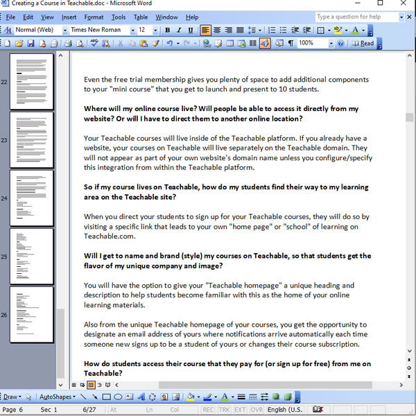 "Creating a Course in Teachable" - PLR Content: Screen Shot of the Writing