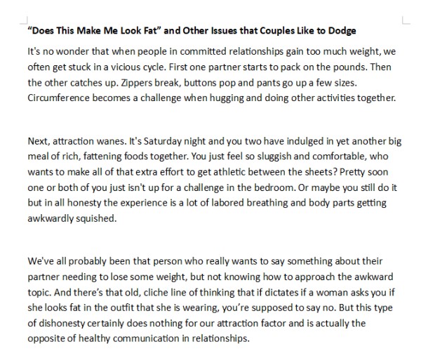 Weight Loss for Couples PLR - Screen Shot of Writing Sample