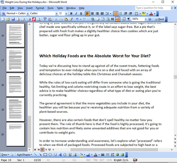 Weight Loss During the Holidays PLR Articles - Screen Shot of the Writing