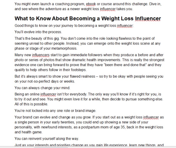 Weight Loss Influencer PLR: Writing Sample Screen Shot